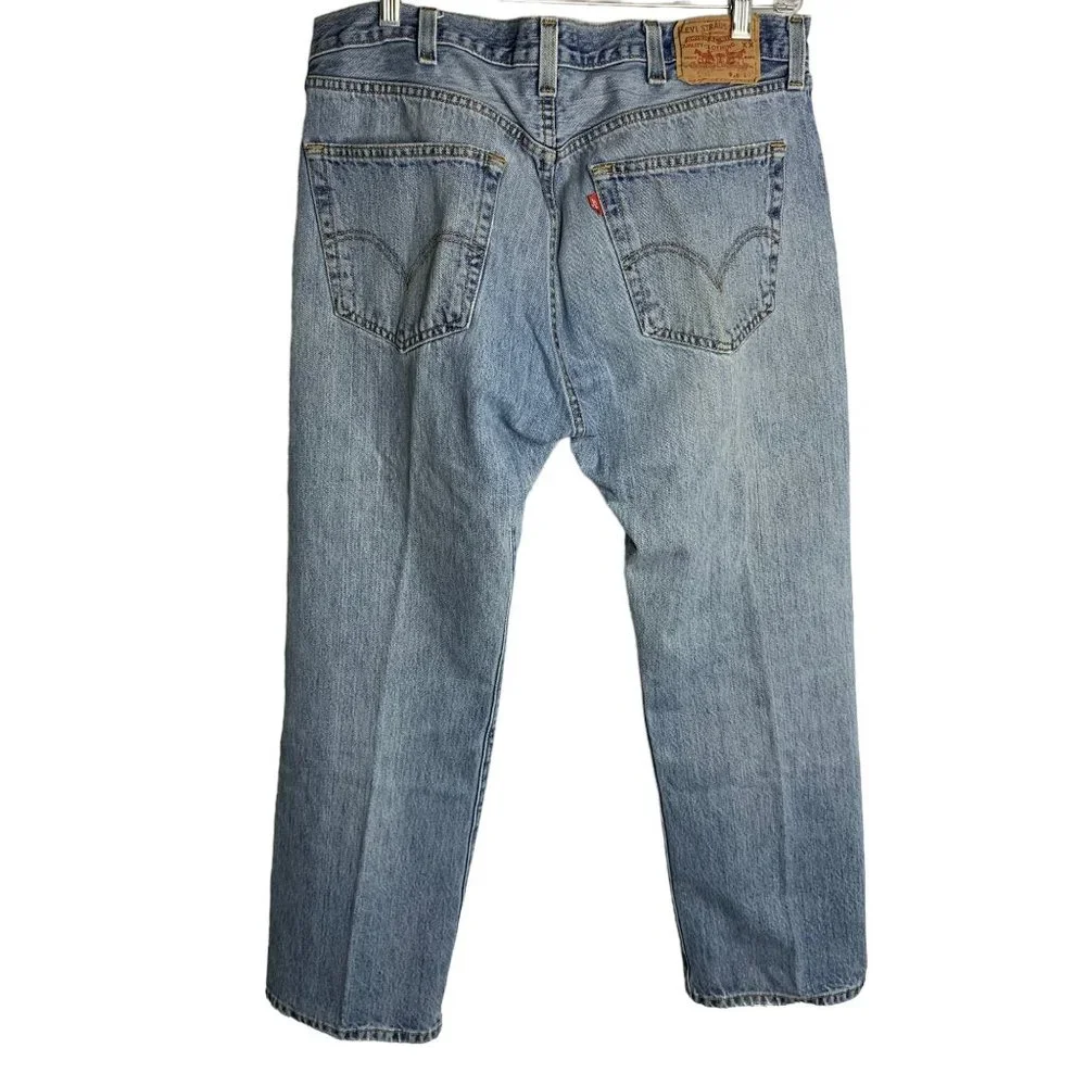 Levis 501 Button Fly Straight Leg Jeans 38/29 Med Wash Distressed 5 Pocket